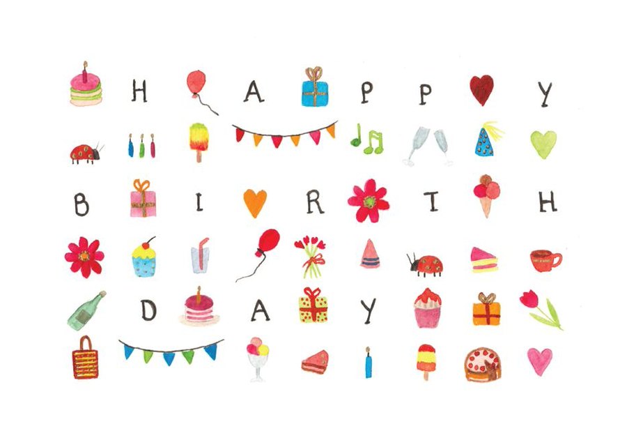Voščilnica Happy Birthday — rojstnodnevni napis med torticami, baloni in darili